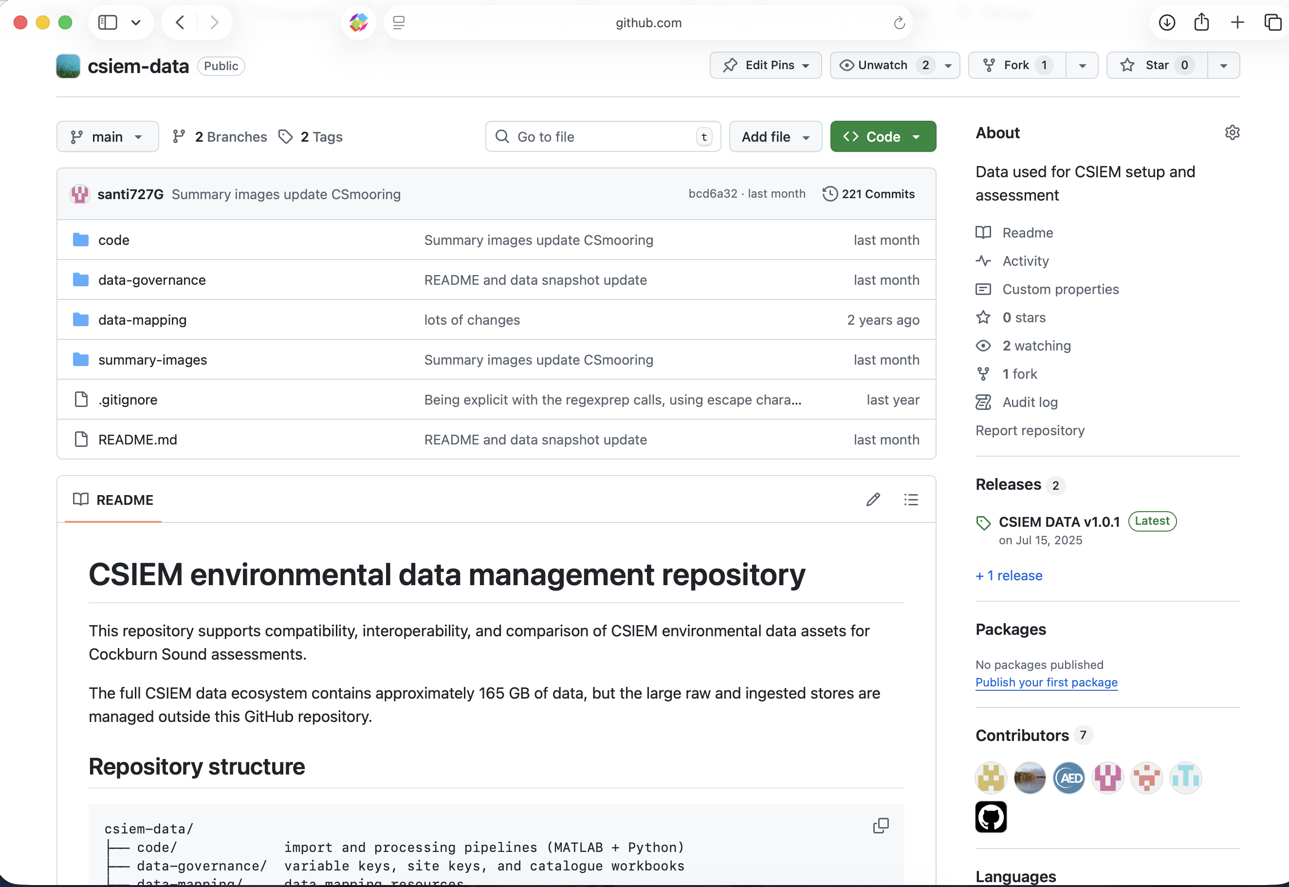 The csiem-data GitHub repository, which serves as the central hub for the CSIEM Environmental Information Management framework, housing processing pipelines, governance standards, variable keys, and data mapping resources.