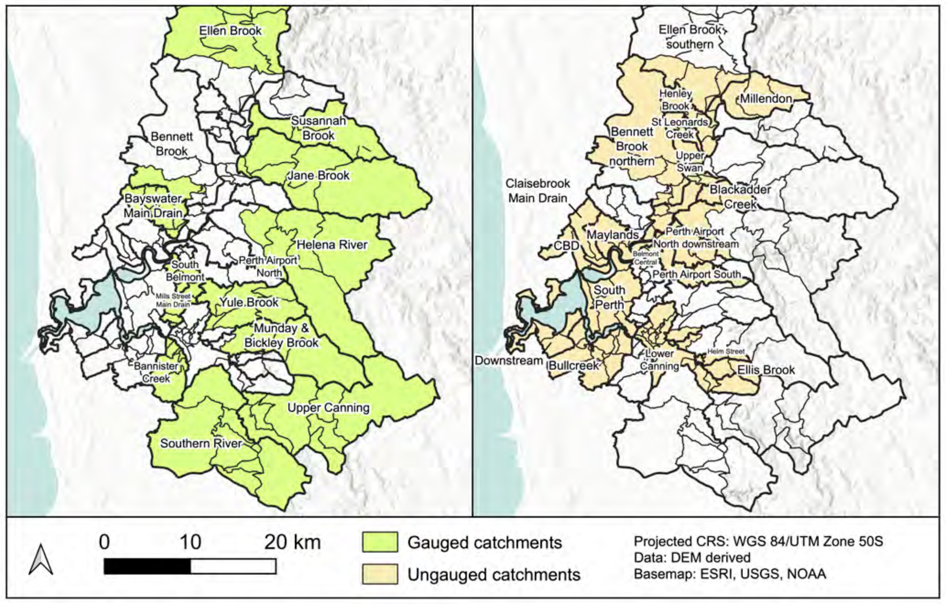 Comparison of the gauged (monitored) catchment areas and the ungauged catchment areas contributing water into the SCE.