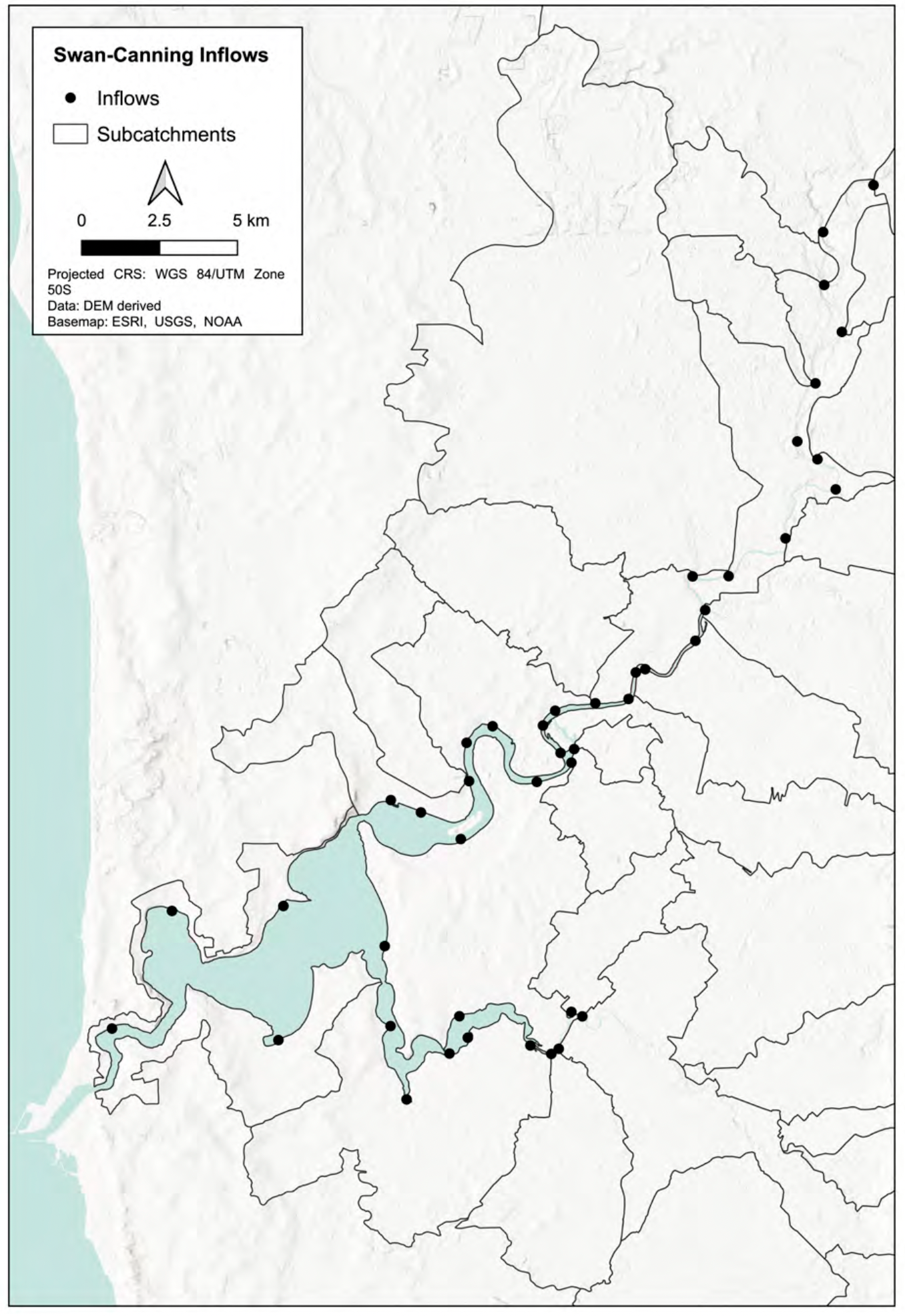 Entry points of the Swan Coastal Plain catchments into the Swan-Canning Estuary (taken from Paraska et al., 2022). Of these 44 discrete inputs, the 8 major inflows are gauged.